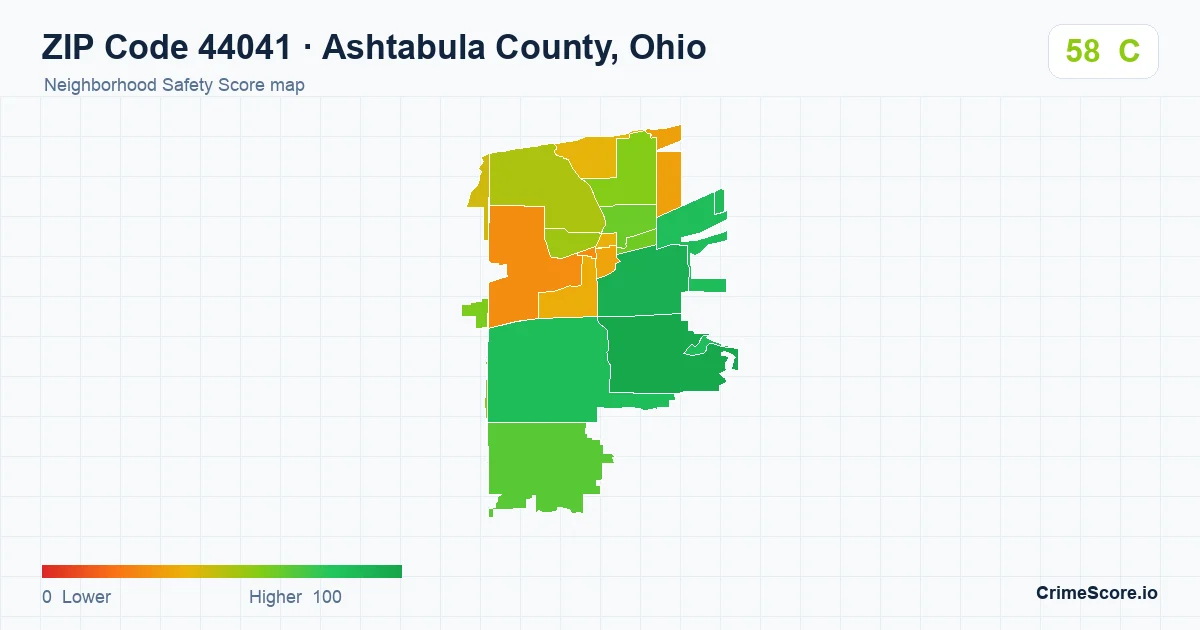 ZIP Code 44041 in Ashtabula County, Ohio neighborhood Safety Score map