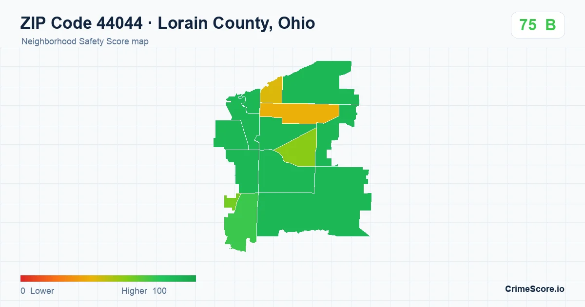 ZIP Code 44044 in Lorain County, Ohio neighborhood Safety Score map