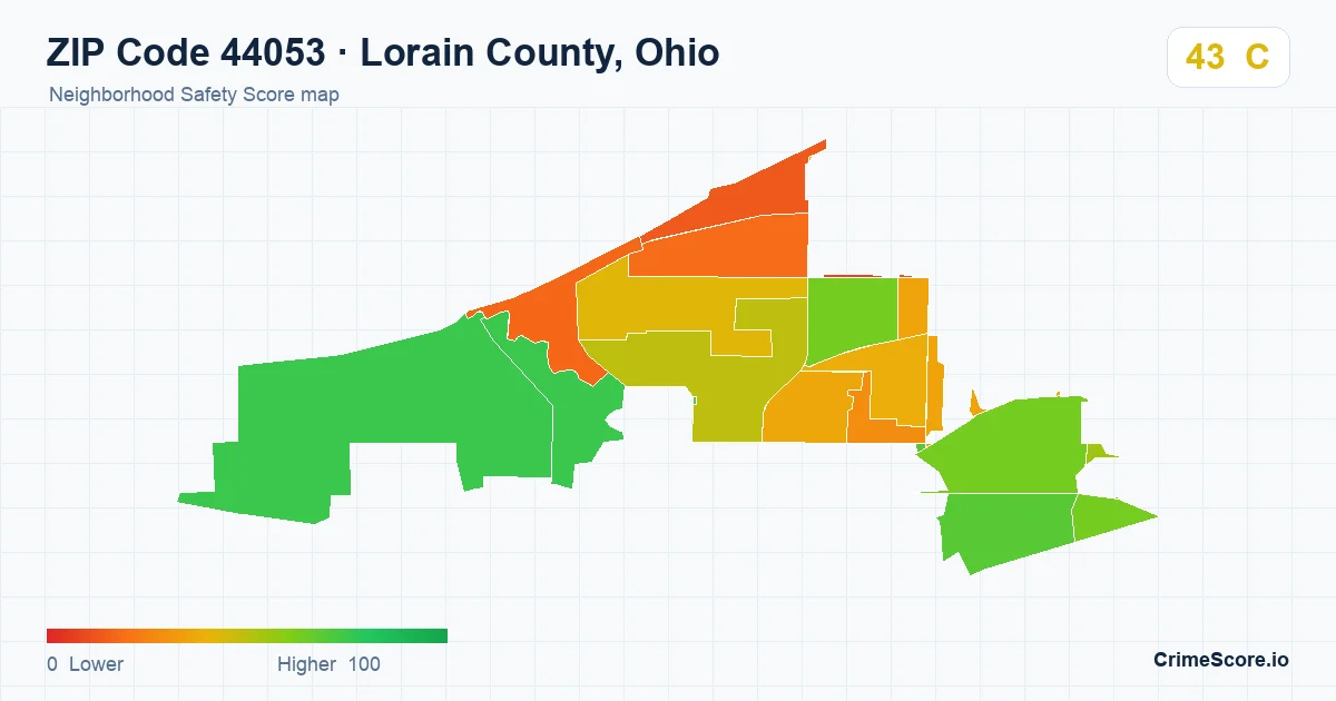 ZIP Code 44053 in Lorain County, Ohio neighborhood Safety Score map