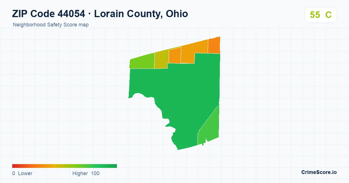 ZIP Code 44054 in Lorain County, Ohio neighborhood Safety Score map