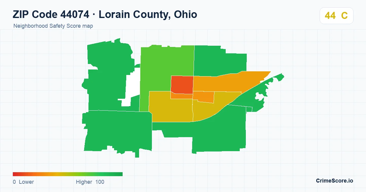ZIP Code 44074 in Lorain County, Ohio neighborhood Safety Score map