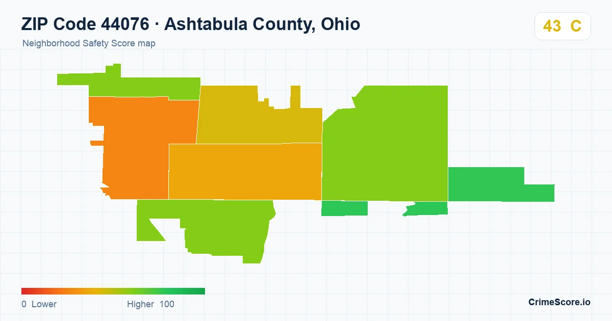 ZIP Code 44076 in Ashtabula County, Ohio neighborhood Safety Score map