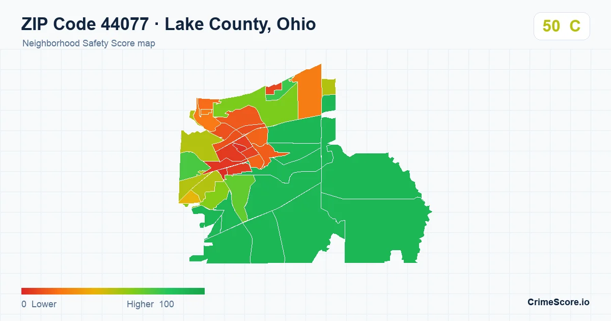 ZIP Code 44077 in Lake County, Ohio neighborhood Safety Score map