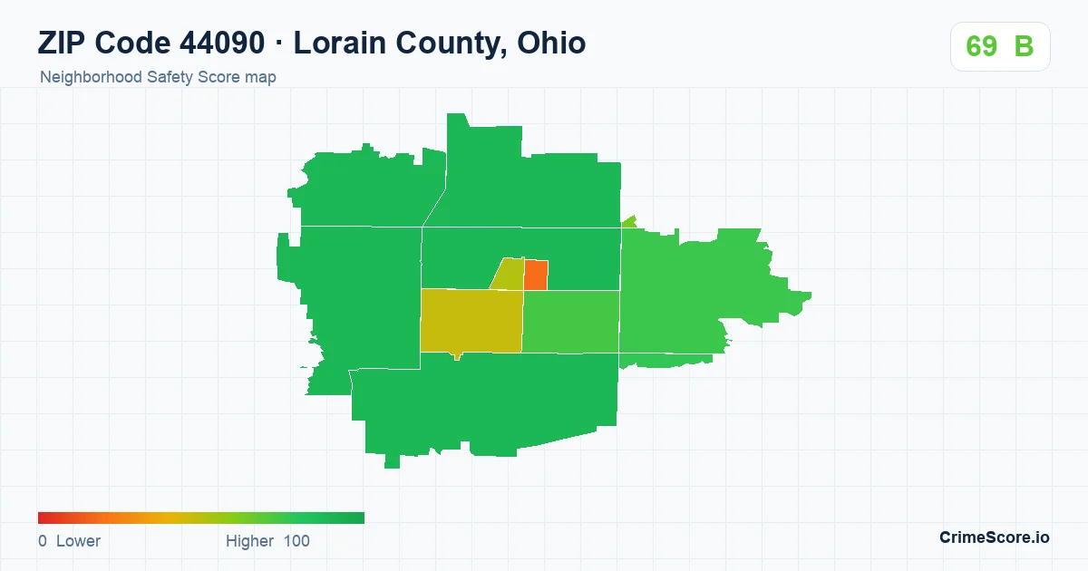 ZIP Code 44090 in Lorain County, Ohio neighborhood Safety Score map