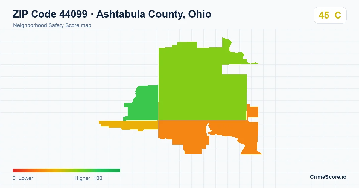 ZIP Code 44099 in Ashtabula County, Ohio neighborhood Safety Score map