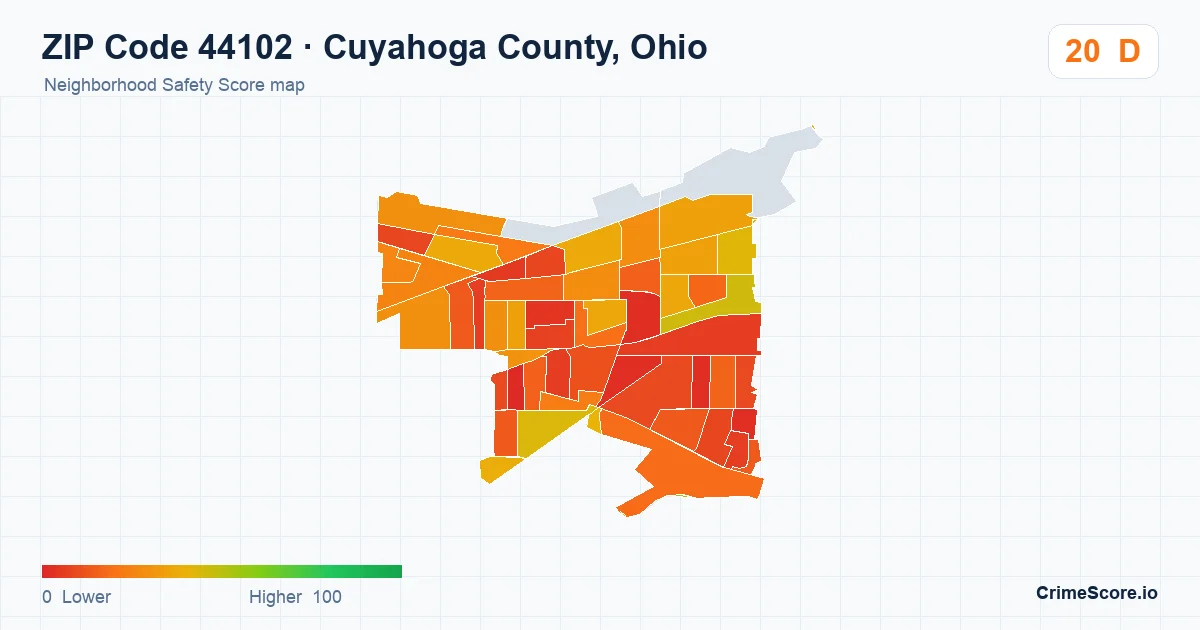ZIP Code 44102 in Cuyahoga County, Ohio neighborhood Safety Score map
