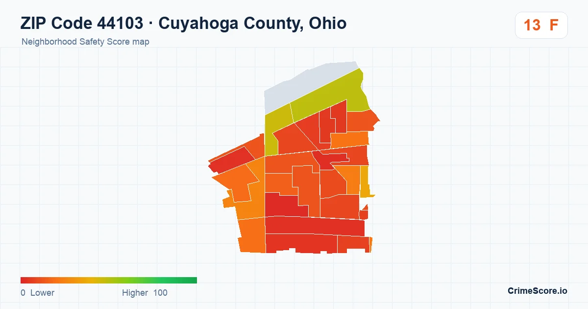 ZIP Code 44103 in Cuyahoga County, Ohio neighborhood Safety Score map