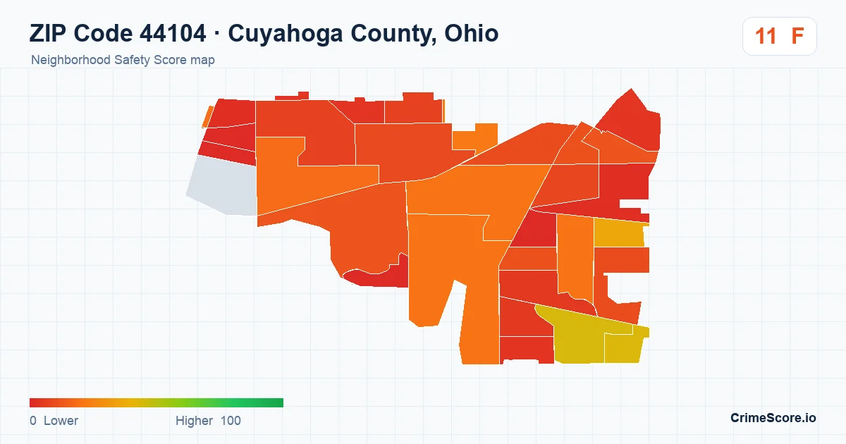 ZIP Code 44104 in Cuyahoga County, Ohio neighborhood Safety Score map