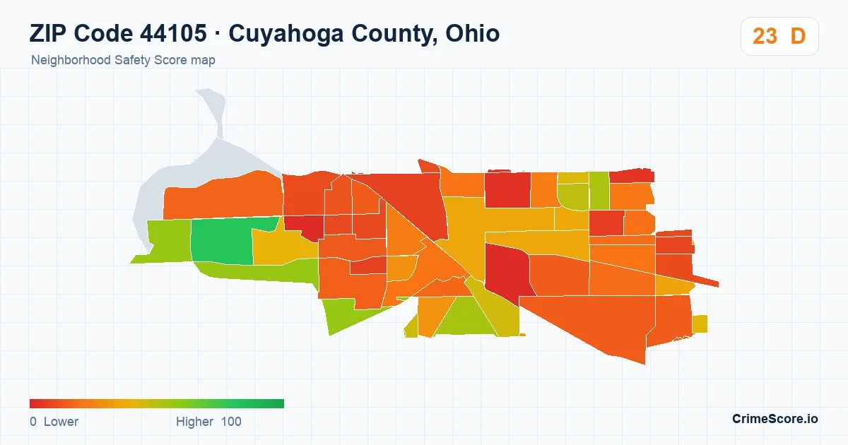ZIP Code 44105 in Cuyahoga County, Ohio neighborhood Safety Score map