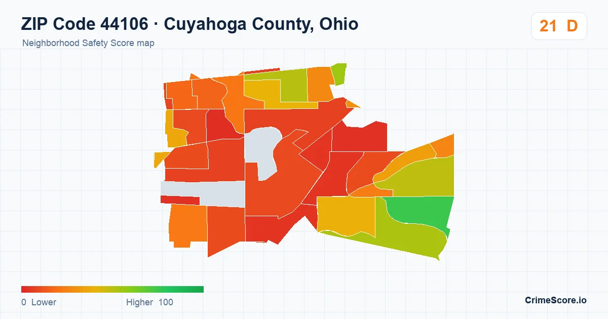 ZIP Code 44106 in Cuyahoga County, Ohio neighborhood Safety Score map