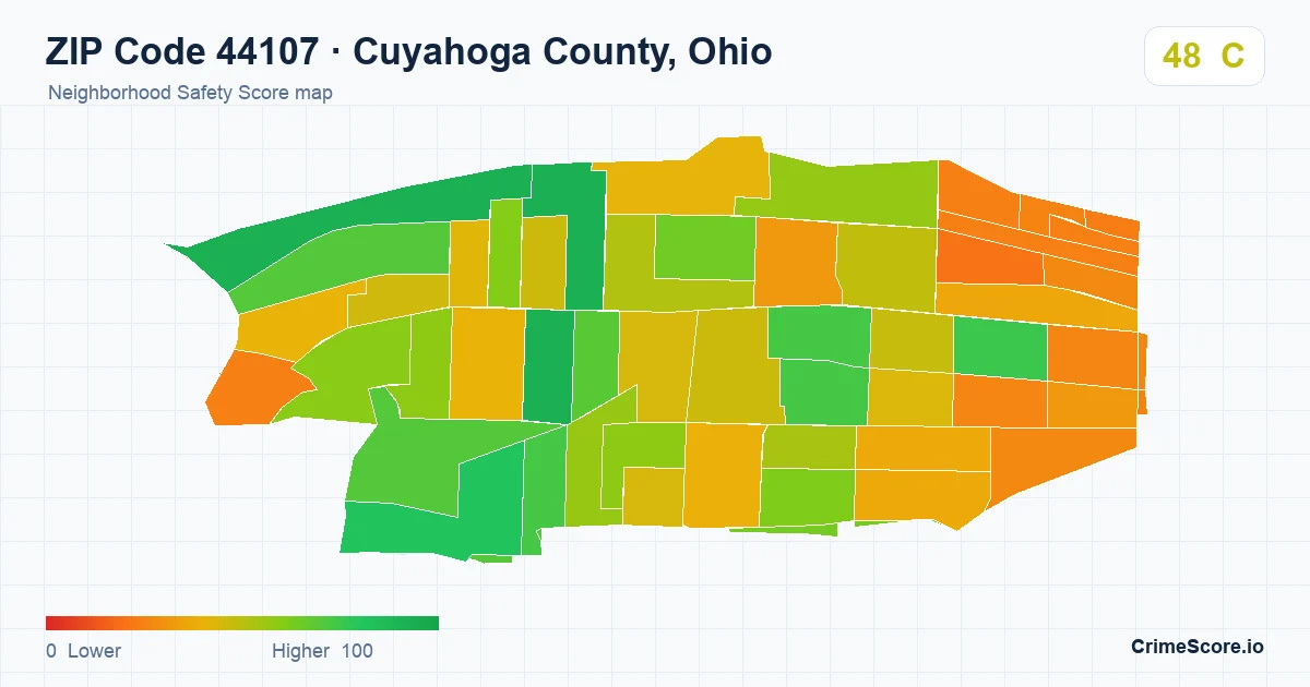 ZIP Code 44107 in Cuyahoga County, Ohio neighborhood Safety Score map