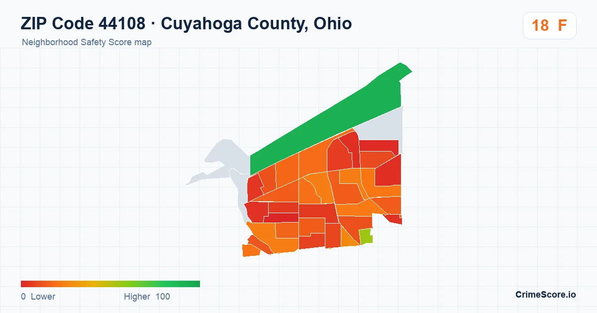 ZIP Code 44108 in Cuyahoga County, Ohio neighborhood Safety Score map