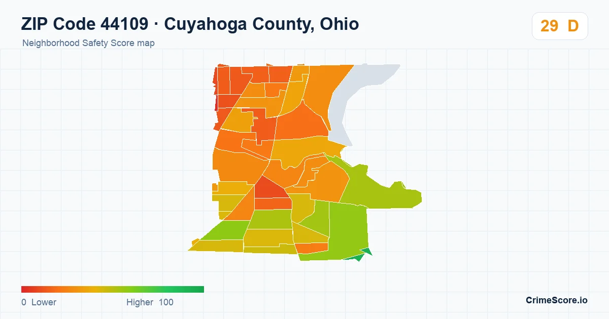 ZIP Code 44109 in Cuyahoga County, Ohio neighborhood Safety Score map
