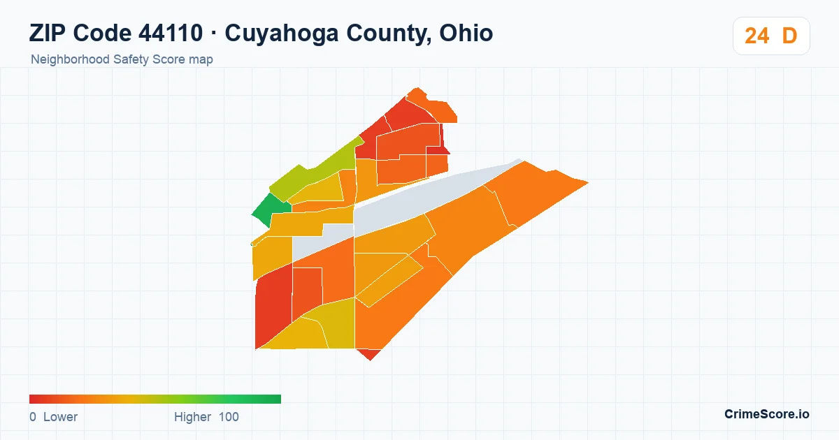 ZIP Code 44110 in Cuyahoga County, Ohio neighborhood Safety Score map