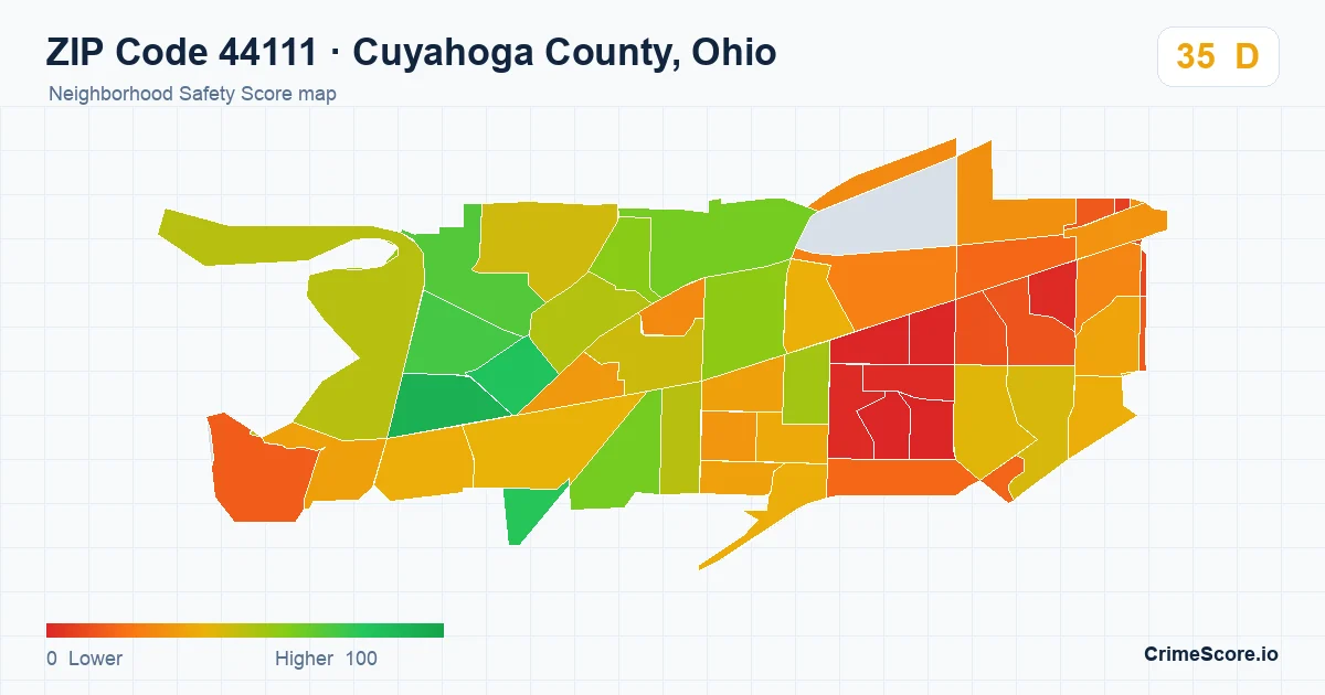 ZIP Code 44111 in Cuyahoga County, Ohio neighborhood Safety Score map
