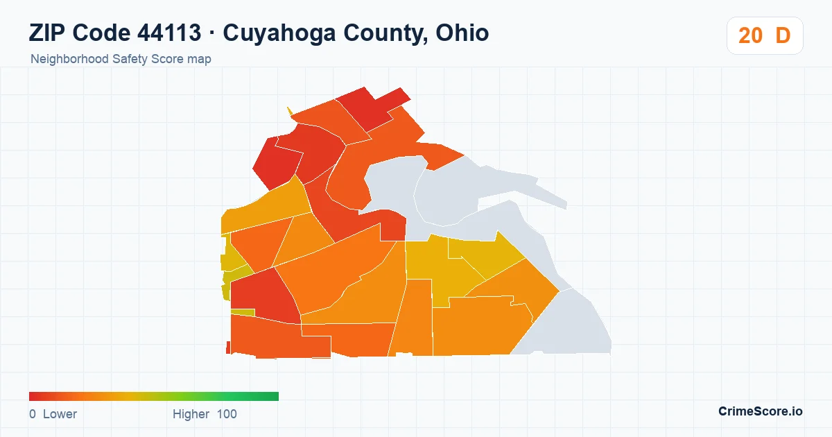 ZIP Code 44113 in Cuyahoga County, Ohio neighborhood Safety Score map