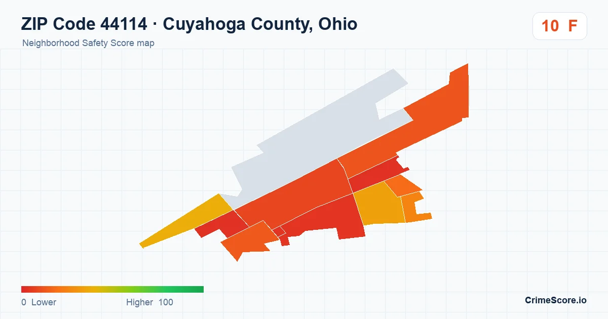 ZIP Code 44114 in Cuyahoga County, Ohio neighborhood Safety Score map