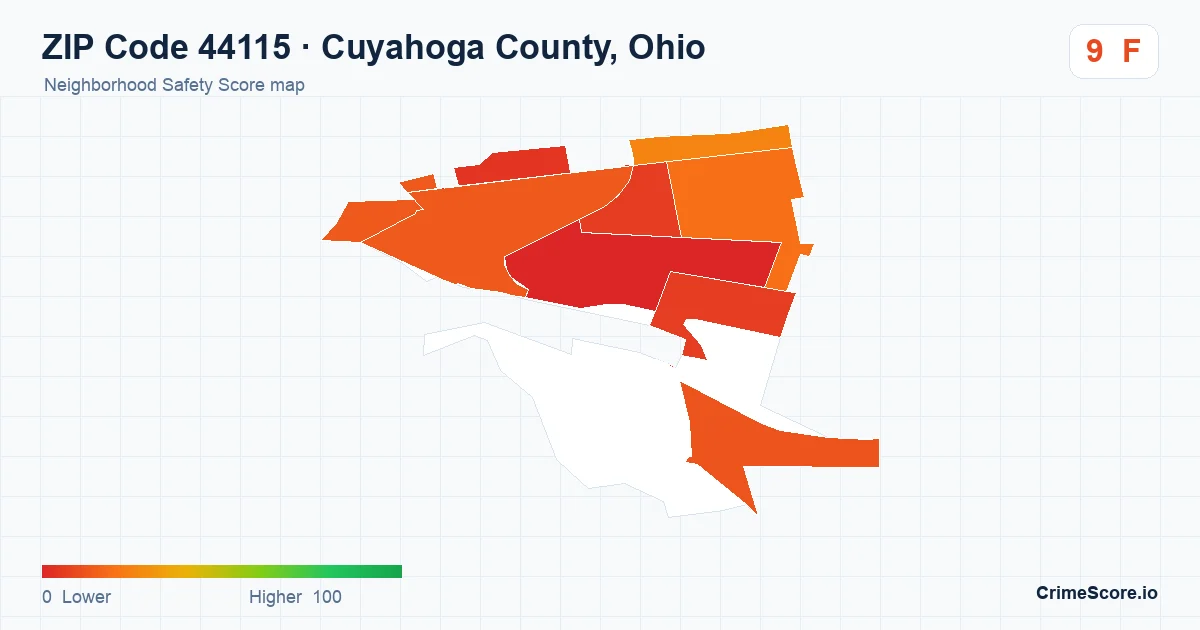 ZIP Code 44115 in Cuyahoga County, Ohio neighborhood Safety Score map