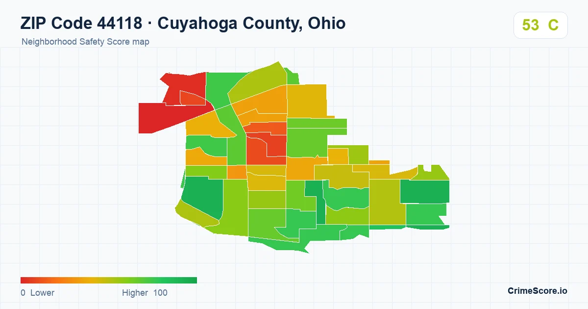 ZIP Code 44118 in Cuyahoga County, Ohio neighborhood Safety Score map