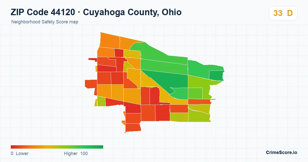 ZIP Code 44120 in Cuyahoga County, Ohio neighborhood Safety Score map