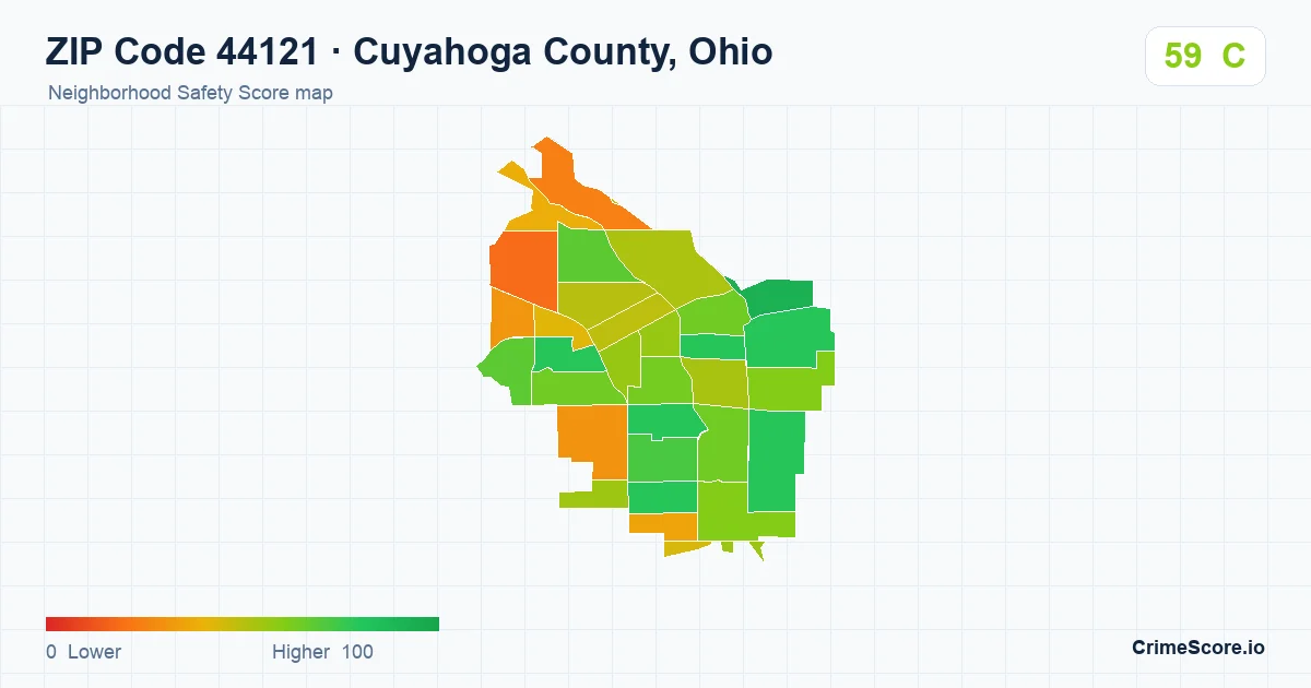 ZIP Code 44121 in Cuyahoga County, Ohio neighborhood Safety Score map