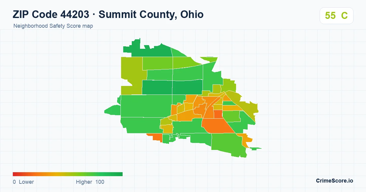 ZIP Code 44203 in Summit County, Ohio neighborhood Safety Score map