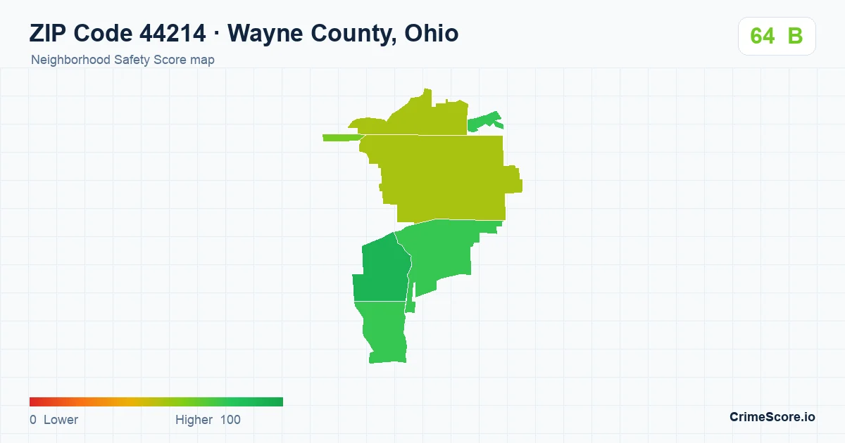 ZIP Code 44214 in Wayne County, Ohio neighborhood Safety Score map