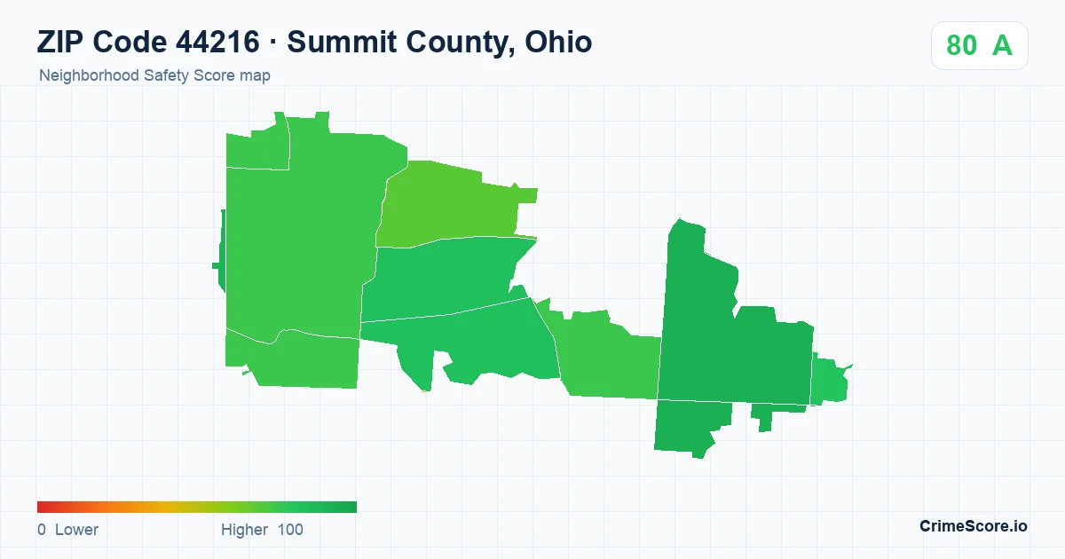 ZIP Code 44216 in Summit County, Ohio neighborhood Safety Score map