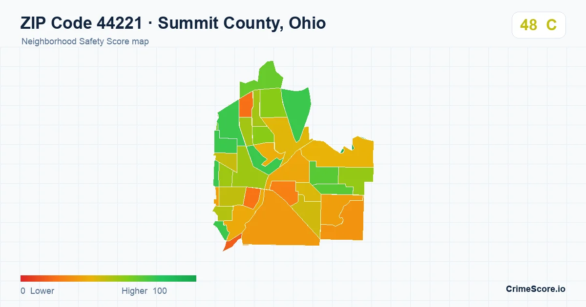 ZIP Code 44221 in Summit County, Ohio neighborhood Safety Score map