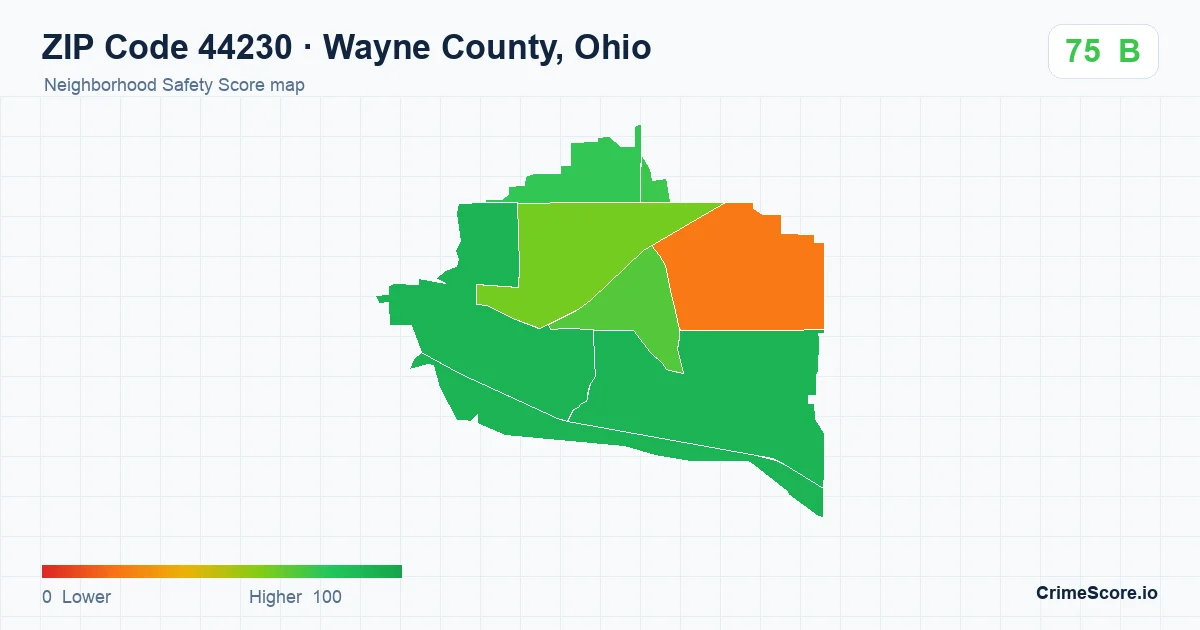 ZIP Code 44230 in Wayne County, Ohio neighborhood Safety Score map