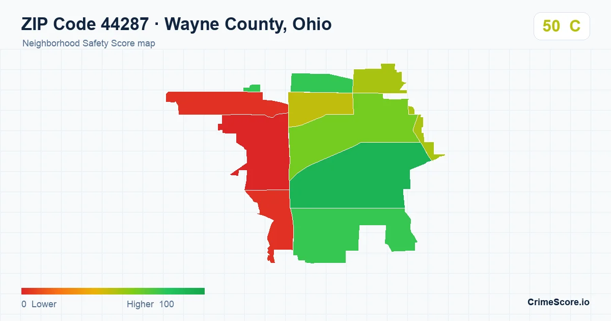 ZIP Code 44287 in Wayne County, Ohio neighborhood Safety Score map