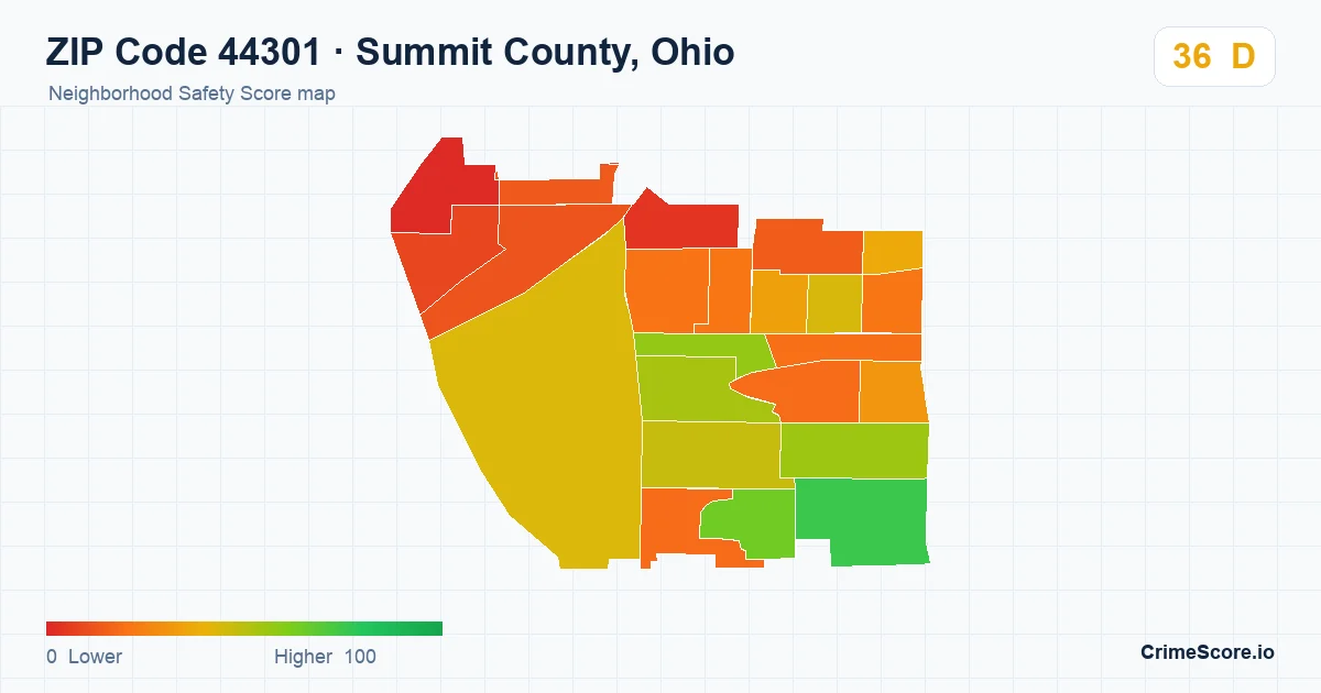 ZIP Code 44301 in Summit County, Ohio neighborhood Safety Score map