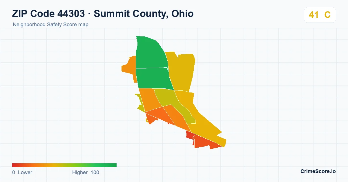 ZIP Code 44303 in Summit County, Ohio neighborhood Safety Score map