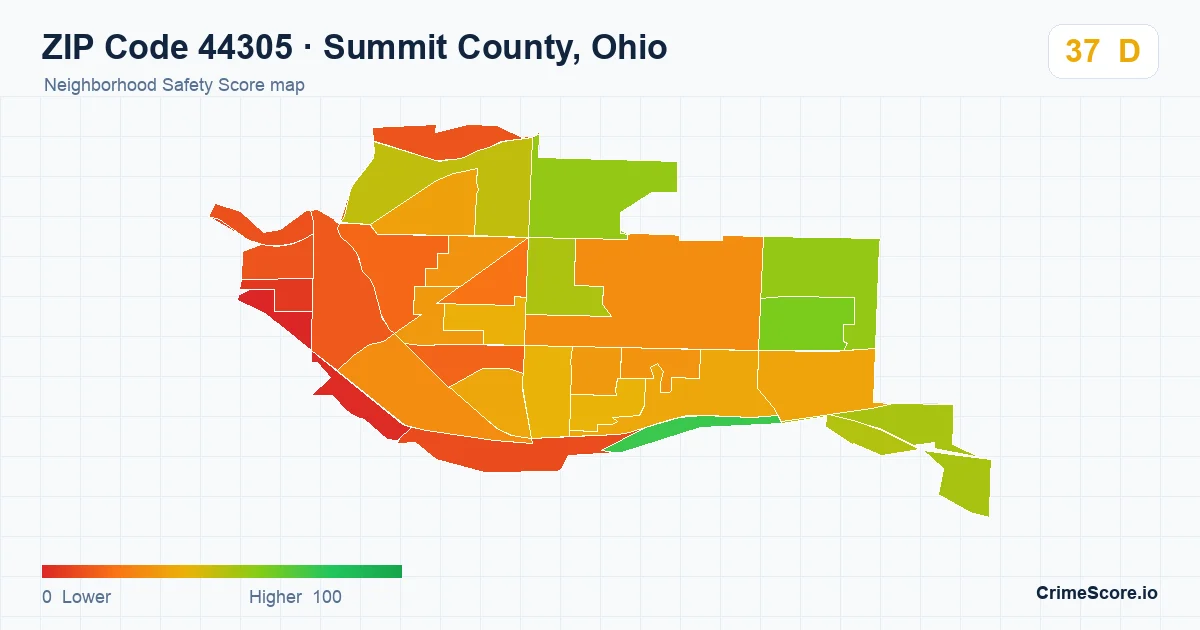 ZIP Code 44305 in Summit County, Ohio neighborhood Safety Score map