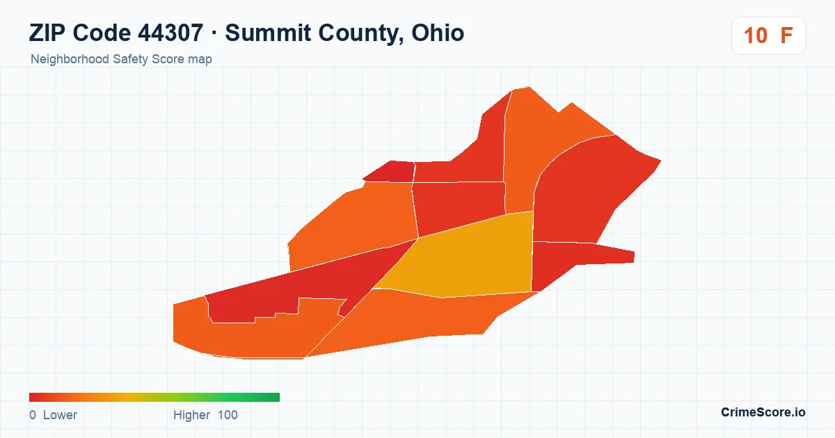 ZIP Code 44307 in Summit County, Ohio neighborhood Safety Score map