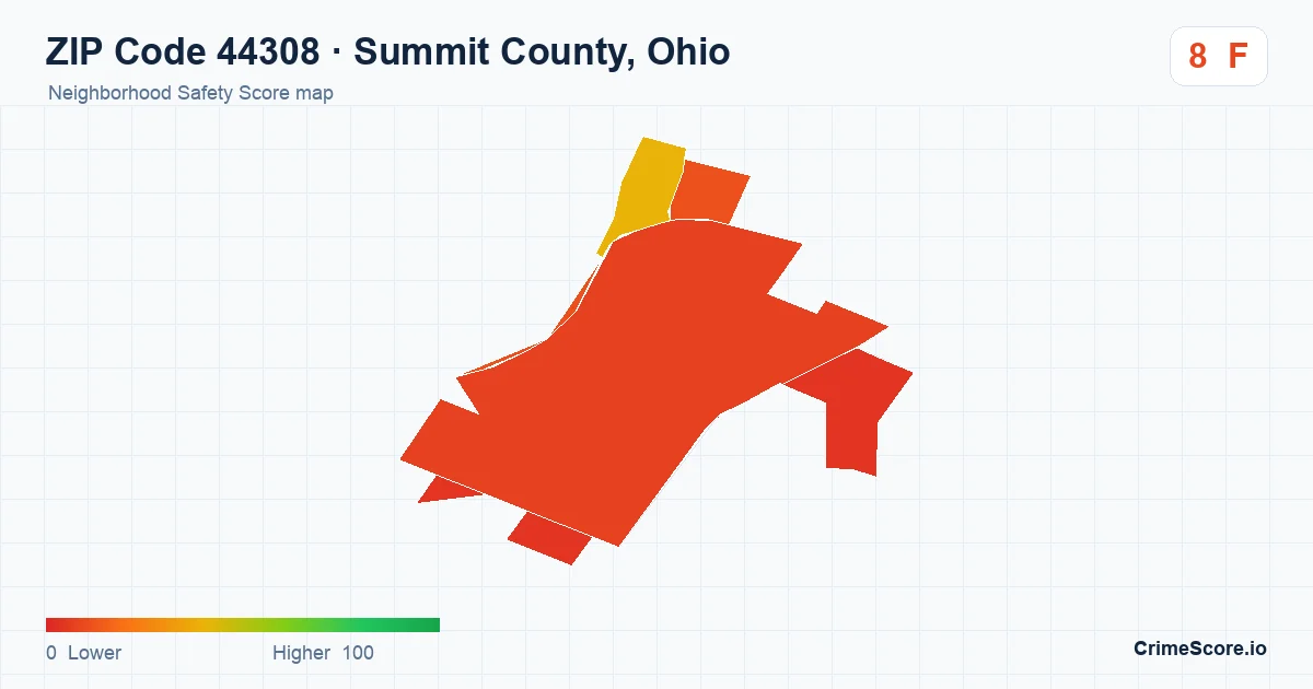 ZIP Code 44308 in Summit County, Ohio neighborhood Safety Score map