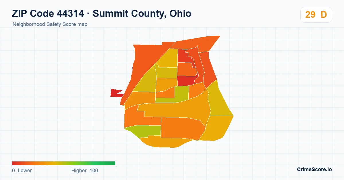 ZIP Code 44314 in Summit County, Ohio neighborhood Safety Score map