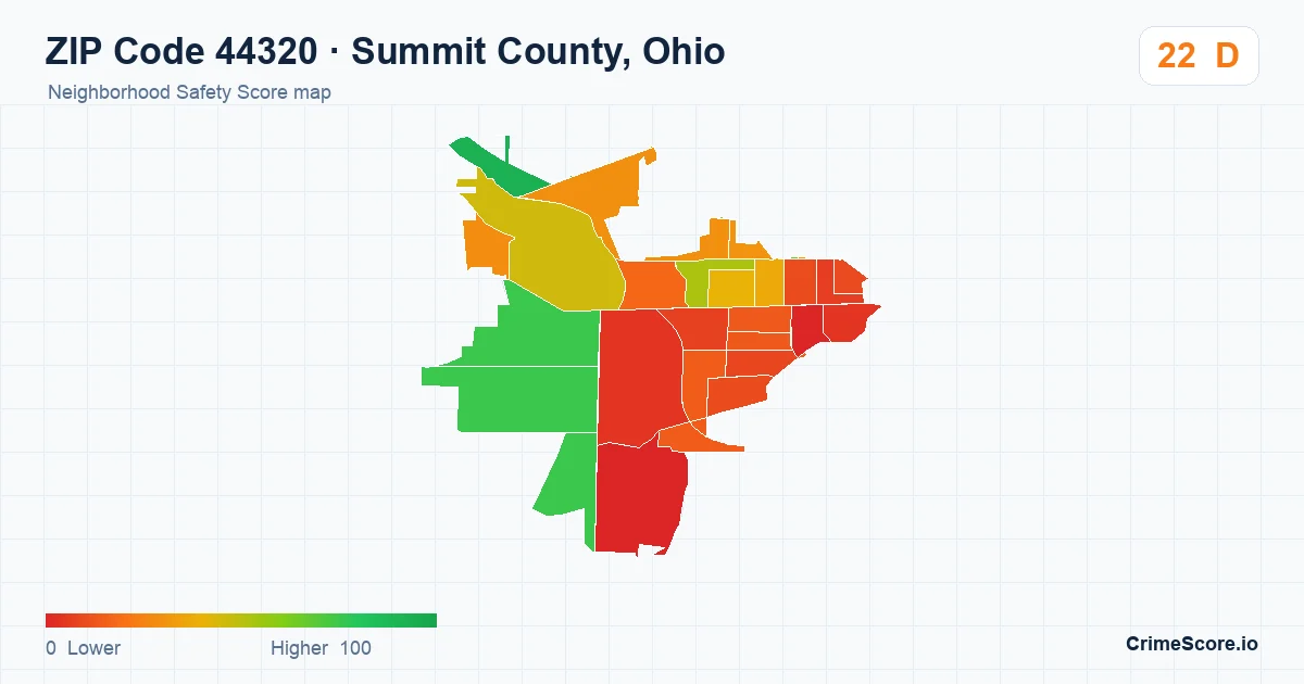 ZIP Code 44320 in Summit County, Ohio neighborhood Safety Score map