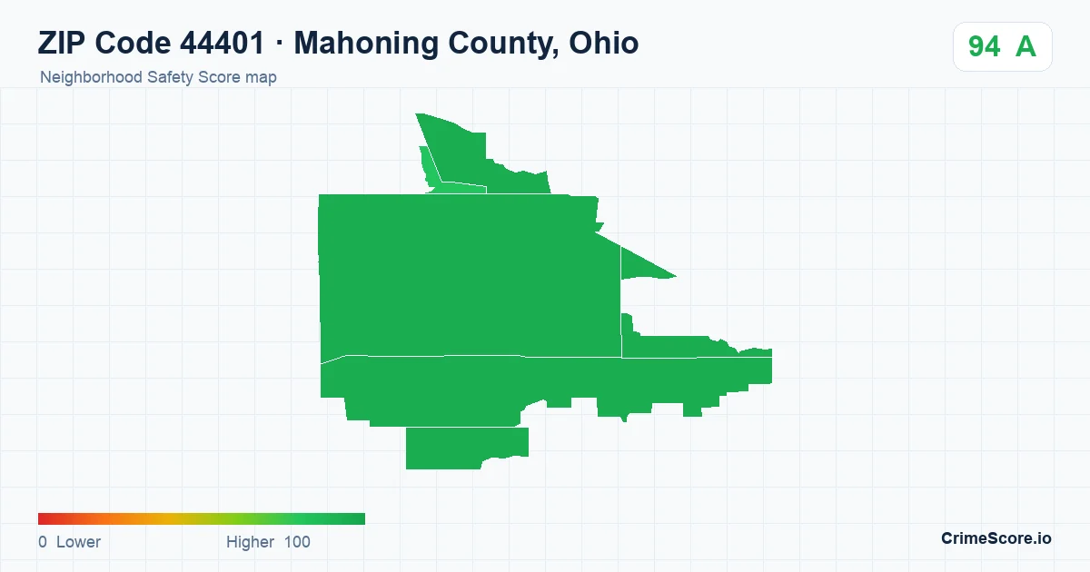 ZIP Code 44401 in Mahoning County, Ohio neighborhood Safety Score map