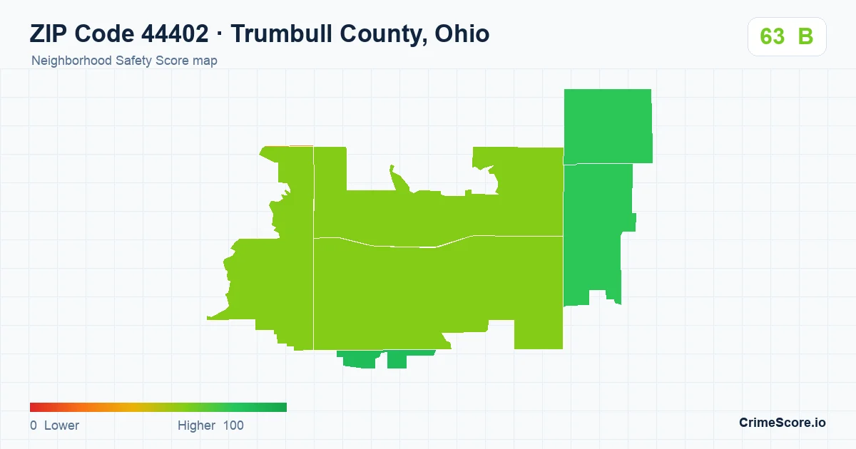 ZIP Code 44402 in Trumbull County, Ohio neighborhood Safety Score map
