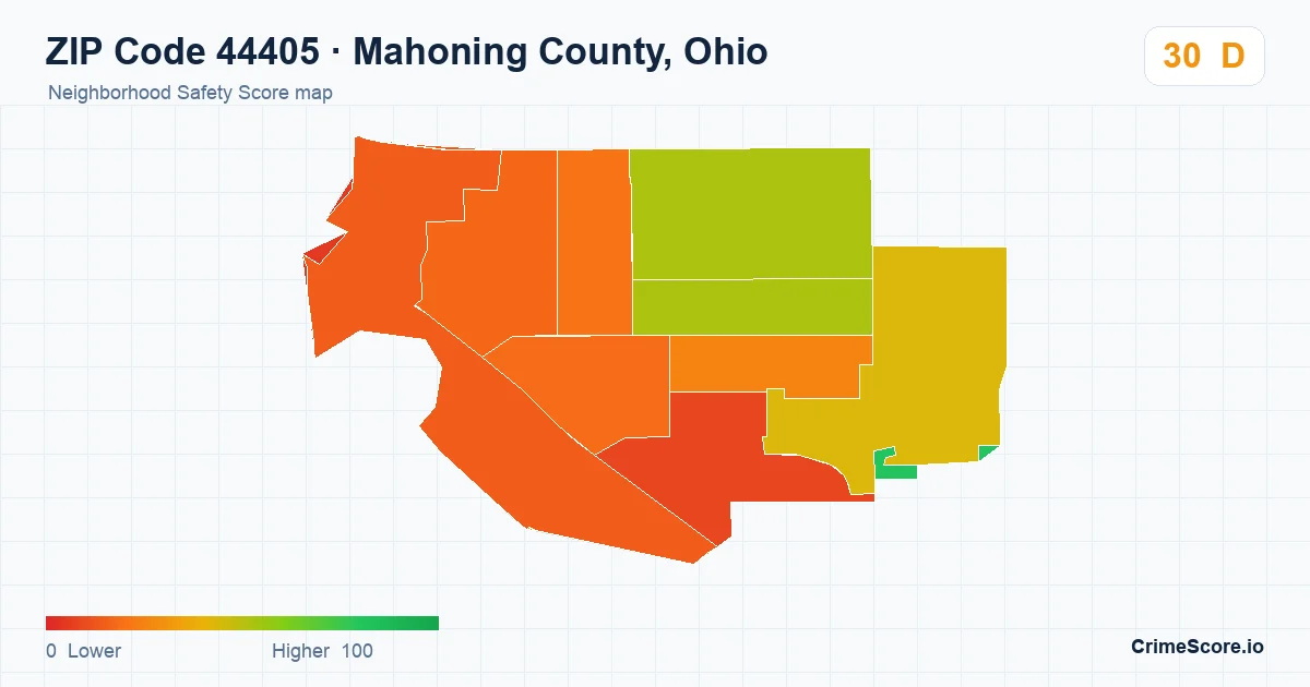 ZIP Code 44405 in Mahoning County, Ohio neighborhood Safety Score map