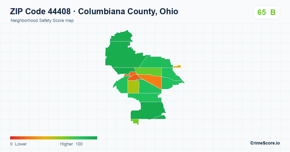 ZIP Code 44408 in Columbiana County, Ohio neighborhood Safety Score map