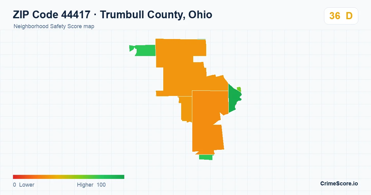 ZIP Code 44417 in Trumbull County, Ohio neighborhood Safety Score map