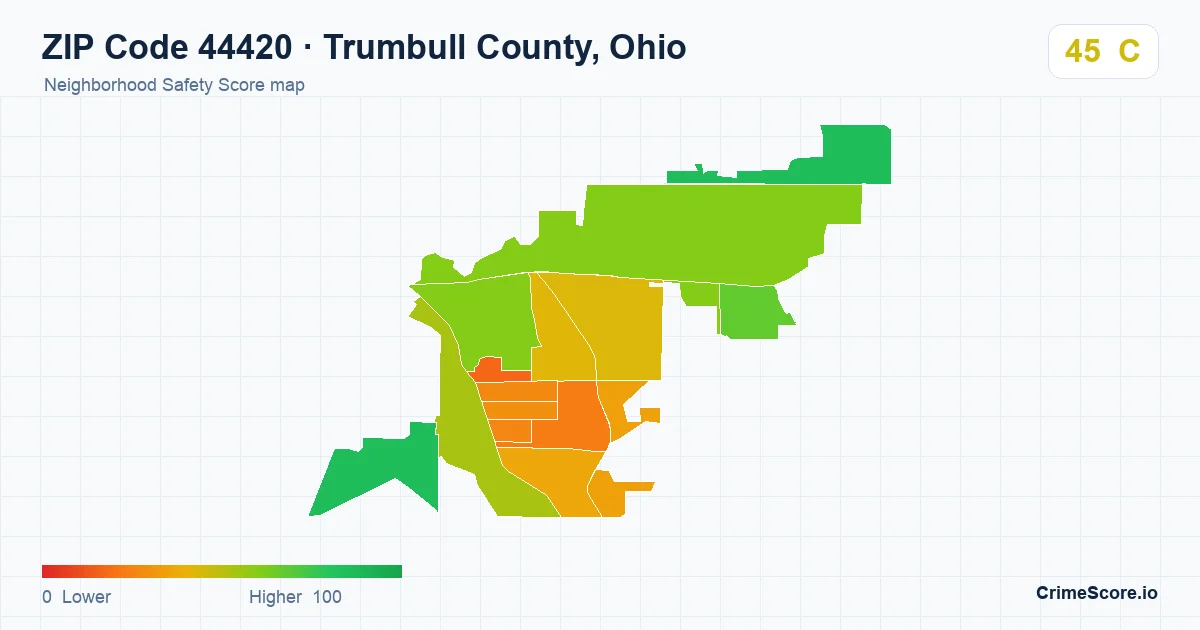 ZIP Code 44420 in Trumbull County, Ohio neighborhood Safety Score map