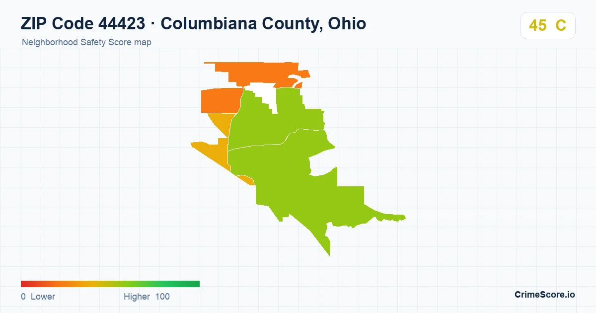 ZIP Code 44423 in Columbiana County, Ohio neighborhood Safety Score map