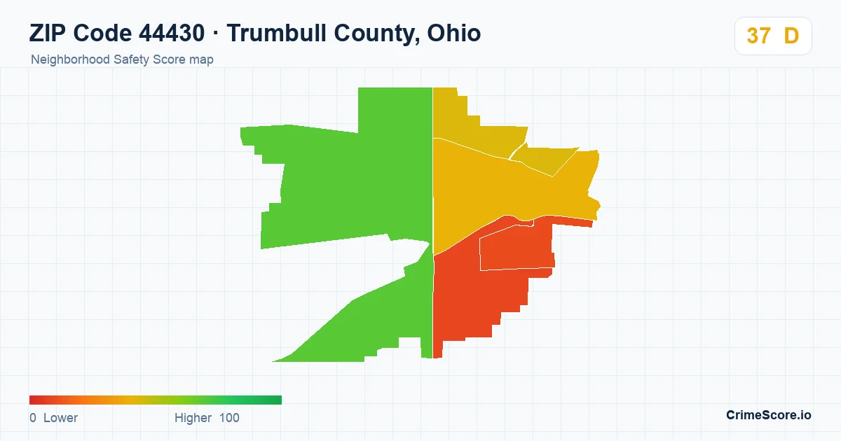 ZIP Code 44430 in Trumbull County, Ohio neighborhood Safety Score map