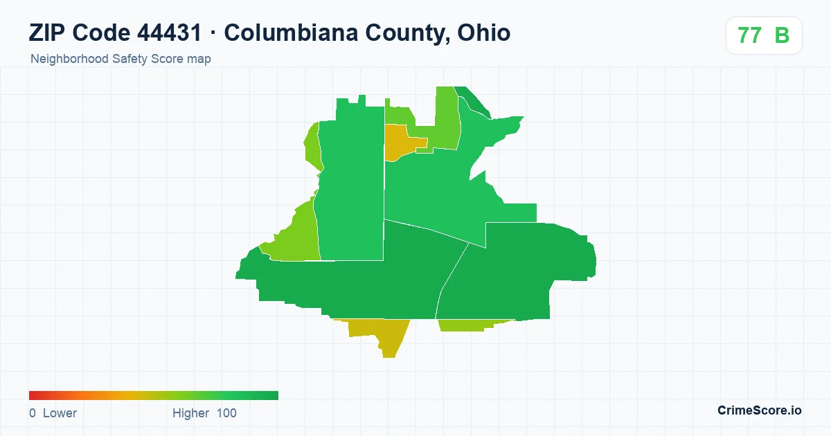 ZIP Code 44431 in Columbiana County, Ohio neighborhood Safety Score map