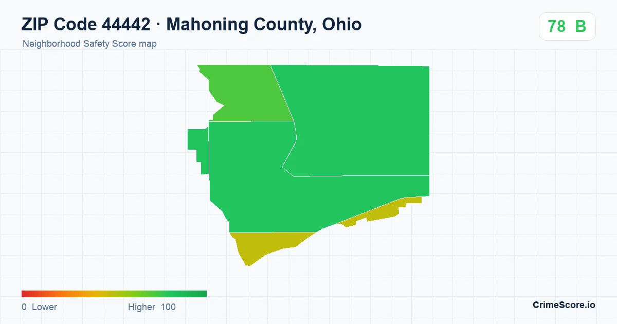 ZIP Code 44442 in Mahoning County, Ohio neighborhood Safety Score map