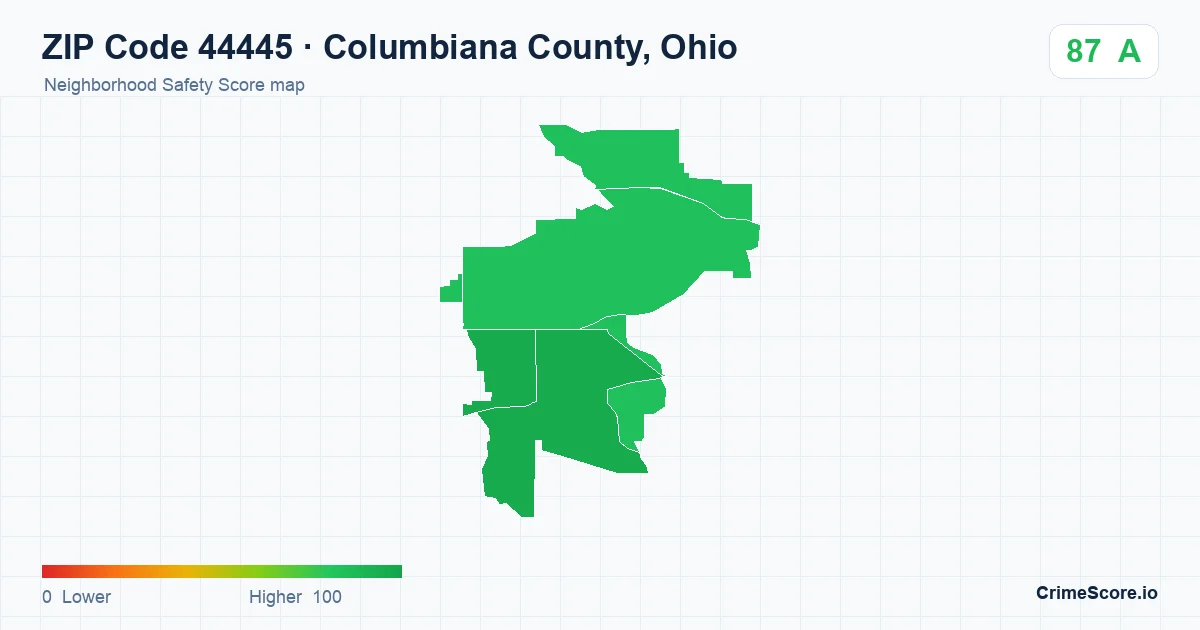 ZIP Code 44445 in Columbiana County, Ohio neighborhood Safety Score map