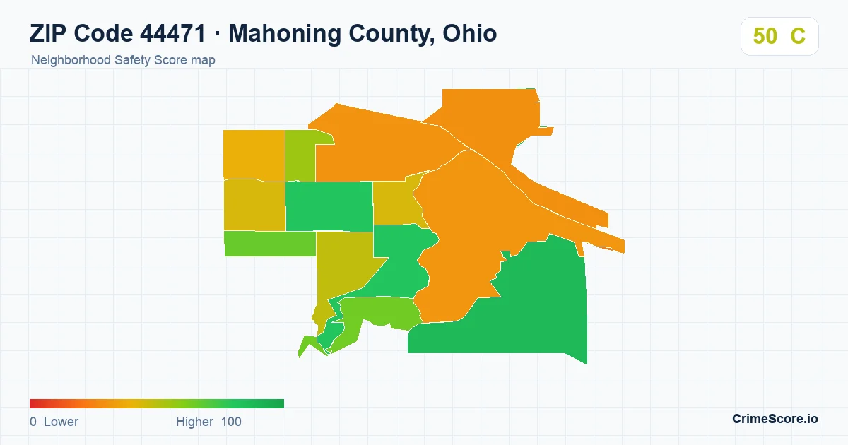 ZIP Code 44471 in Mahoning County, Ohio neighborhood Safety Score map